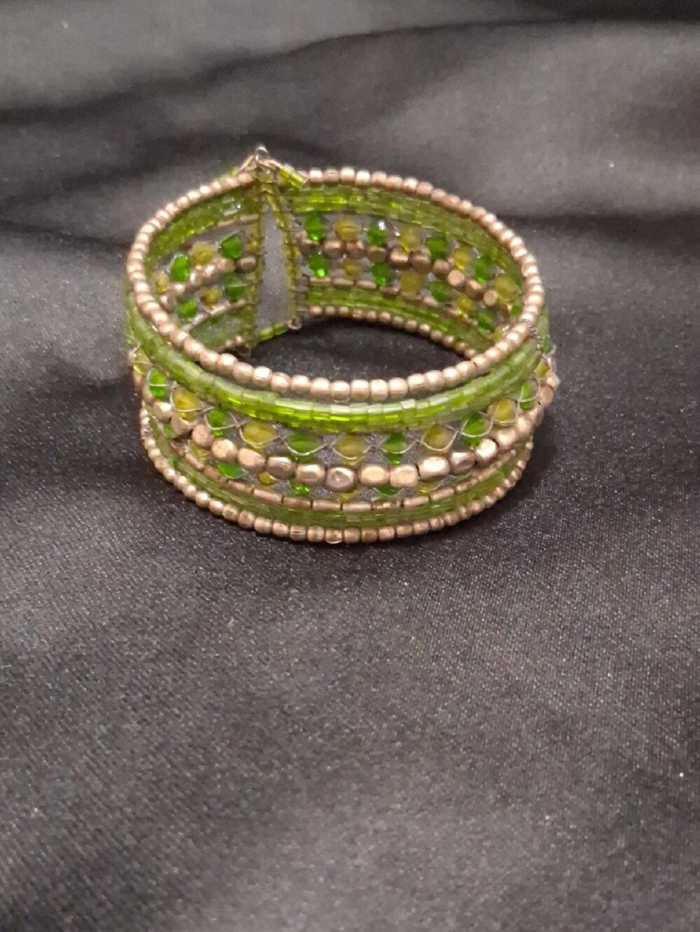 Green Glass Beaded Cuff Bangle - Gold Brass Beads